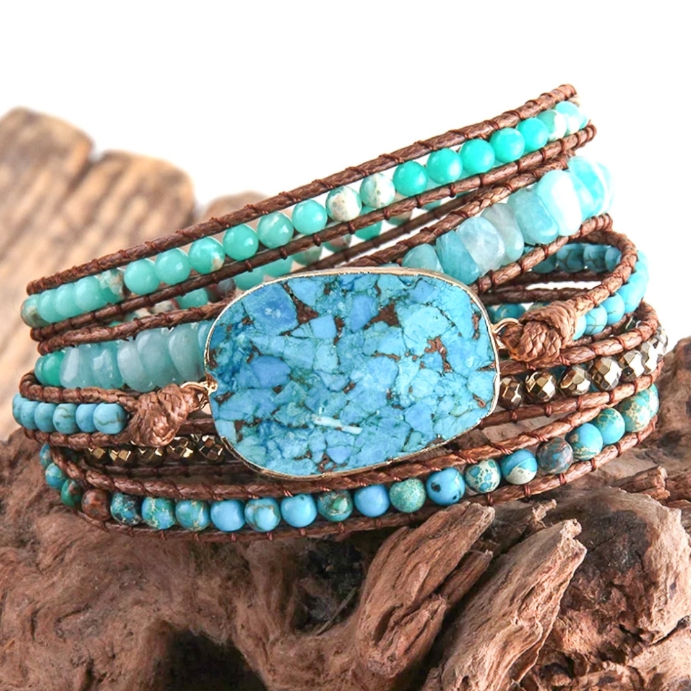 Handmade Natural Blue & Leather Wrap Bracelet Eclectic Chic Style for the Summer - Picture 4 of 6